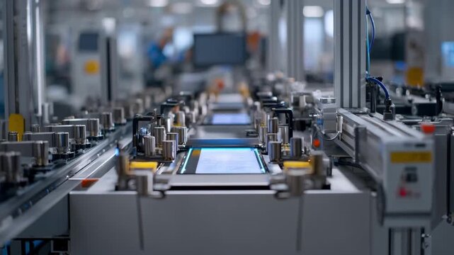 Medium shot of continuous monitoring with automated inline inspection cameras detecting irregularities in realtime production processes.