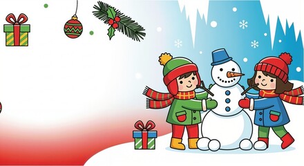 Two children building a snowman in winter with holiday decorations with copy space