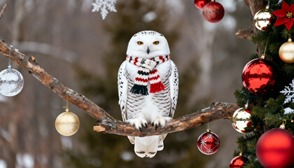 Snowy owl wearing tiny knitted scarf sitting on branch with ornaments. Cozy wildlife theme.