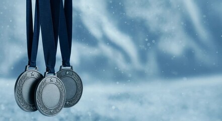 Three blank silver and bronze-toned medals with dark blue ribbons hang prominently against a soft, blurred winter backdrop with falling snow.