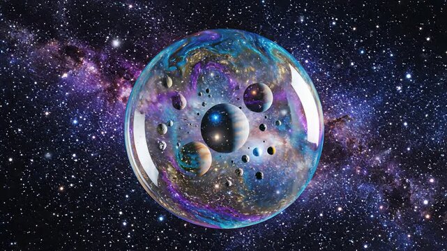 Celestial harmony unfolds as a stunning planetary system is encapsulated within a bubble like curvature, floating amidst a sea of twinkling stars, perfect for use in documentaries.
