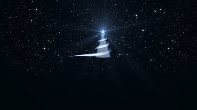 Christmas Star Shines above Christmas Tree against Starry Sky. Star of Bethlehem, Nativity of Jesus Christ. Background of the beautiful Starry Sky and Bright Star