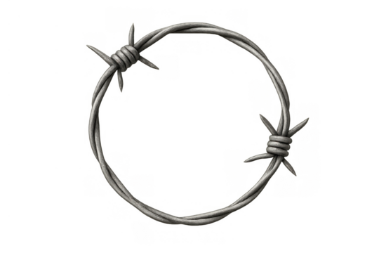Barbed wire, a twisted metal strand with sharp barbs, creating a restrictive circular shape. Transparent background