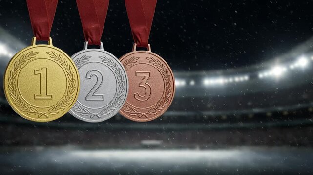 Gold, silver, and bronze medals for first, second, and third place hang on red ribbons against a blurred, brightly lit sports stadium at night with falling snow.