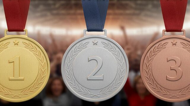 Three gleaming gold, silver, and bronze medals with 1st, 2nd, and 3rd place numbers hang prominently against a blurred background of a cheering stadium crowd.