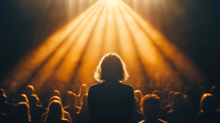 Light beam illuminating the back of a person in a crowd, emphasizing focus, individuality, and presence amidst surrounding figures, creating a dramatic and visually striking composition