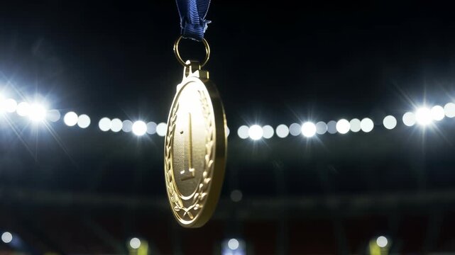 A golden medal featuring the number one and a laurel wreath design hangs from a blue ribbon, slowly rotating against a dark stadium background illuminated by bright spotlights.