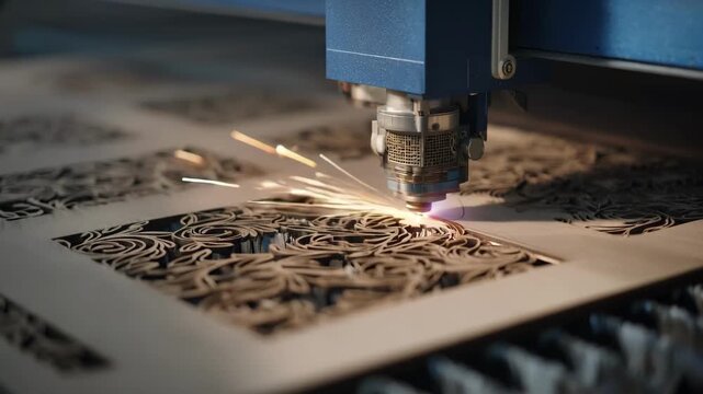 Medium shot of laser cutting intricate floral patterns into thin wood sheets highlighting precise craftsmanship and delicate design work.