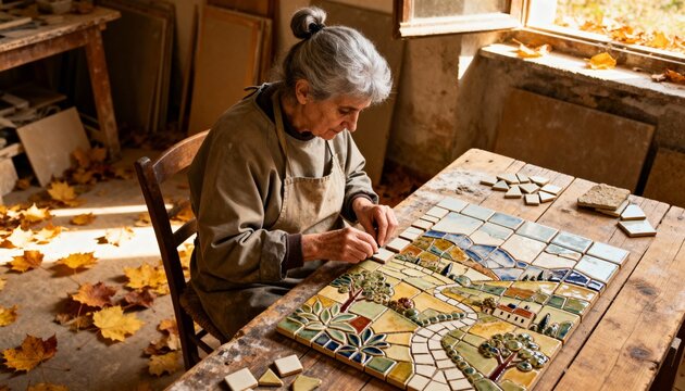 Senior woman artist creating a handmade ceramic tile mosaic in a rustic workshop. Artisan at work on a traditional craft. Hobby and creativity concept
