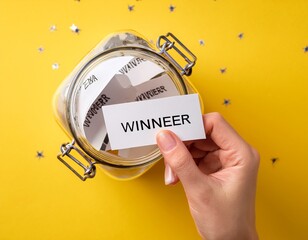 hand holding a raffle ticket with winner written in black drawn from a glass jar filled with blank papers top view composition isolated on a bright yellow background concept of luck and prize