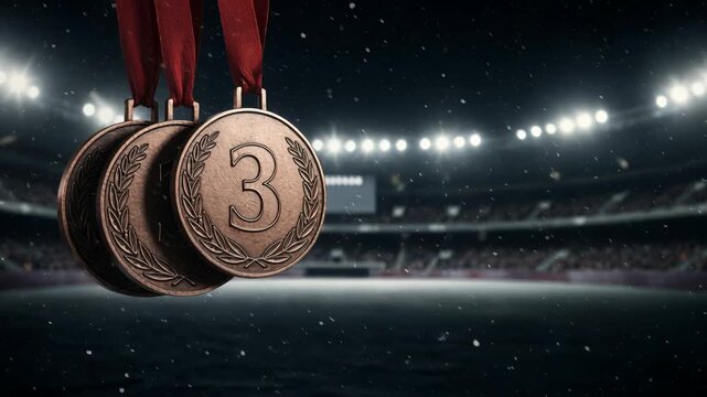 Three bronze medals with red ribbons hang prominently in the foreground, one displaying the number 3, against a vast, brightly lit sports stadium with falling snow at night.