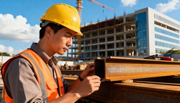 An Asian engineer in a hard hat inspects a steel beam at a construction site. A professional construction worker performs quality control on building materials