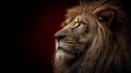 A majestic lion in dramatic lighting gazes into the distance against a bold red background. A detailed mane and intense expression. A powerful symbol of strength and determination