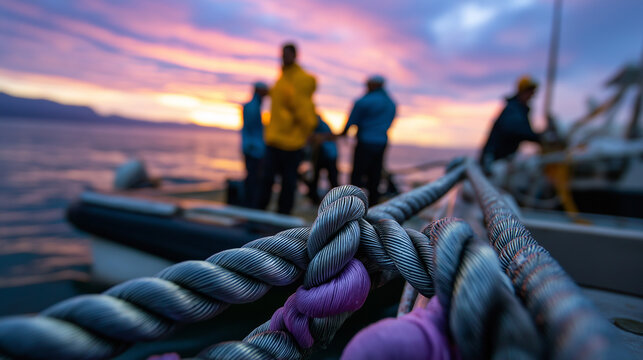 Close-up of wet ropes and tackle in sharp focus, faceless crew blurred in the background working together against a pastel sunrise, with copy space