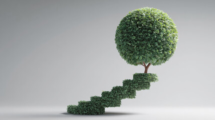 staircase meticulously sculpted from lush green topiary leaves, ascending to spherical tree. This striking image symbolizes environmental growth, sustainable progress, business development
