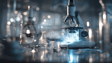 scientific microscope on a reflective lab bench, emitting bright, blue-white light and sparks of energy from its stage, evoking high-tech research, innovation, and scientific breakthrough.