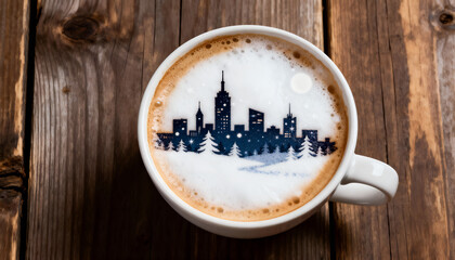 Coffee foam shaped like winter night skyline. Artistic barista concept.