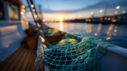 Fishing boat deck at sunrise, nets in crisp detail and faceless silhouettes in soft bokeh behind, unity and early-morning calm, with copy space