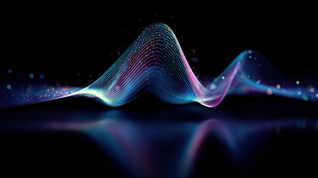 waveform or parametric curve composed of neon lines, particles. Dynamic visual data is set against dark background with reflections, machine learning, sound technology, science visualization