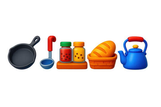 Cottage Kitchen Icons. 3D icon set of cottage kitchen essentials: cast iron pan, hanging ladle, spice jars, wooden countertop,