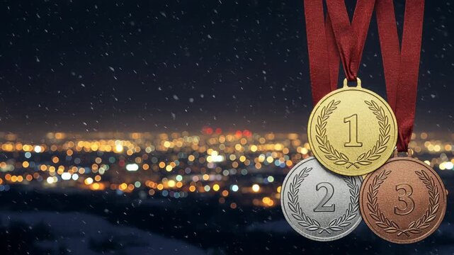 Gold, silver, and bronze medals hang on red ribbons against a snowy night cityscape with blurred lights, symbolizing success and achievement.