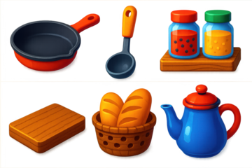 Collection of kitchen utensils and appliances, including a frying pan