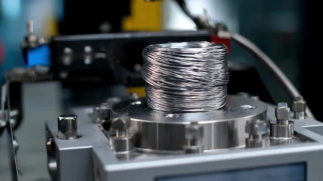 Closeup of steel wire coil mounted on industrial drawing machine in bright clean factory setting showcasing precise wire inlet preparation.