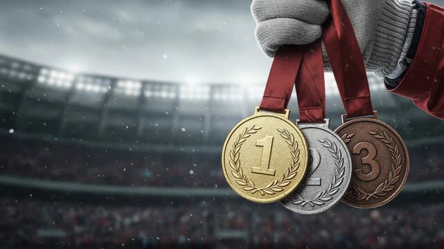 A gloved hand proudly displays gold, silver, and bronze medals with red ribbons against a blurred, snowy sports stadium under bright floodlights.
