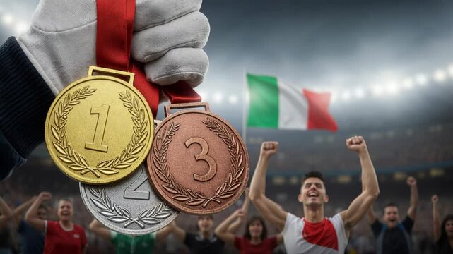 A gloved hand proudly holds gold, silver, and bronze medals over a cheering stadium crowd with a large Italian flag waving under bright lights, symbolizing victory.