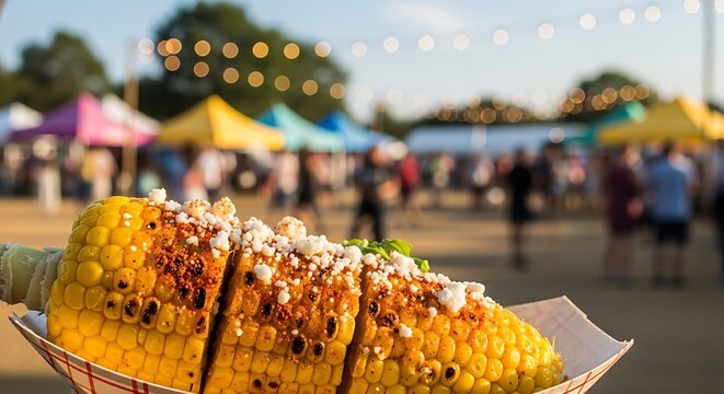Closeup of delicious elote at an outdoor food market with colorful tents and string lights in the background on a sunny evening
