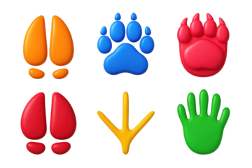 3D Animal Tracks Icons. 3D icon set of animal tracks: deer print, wolf paw, bear claw, moose hoof, bird track, raccoon paw. A set