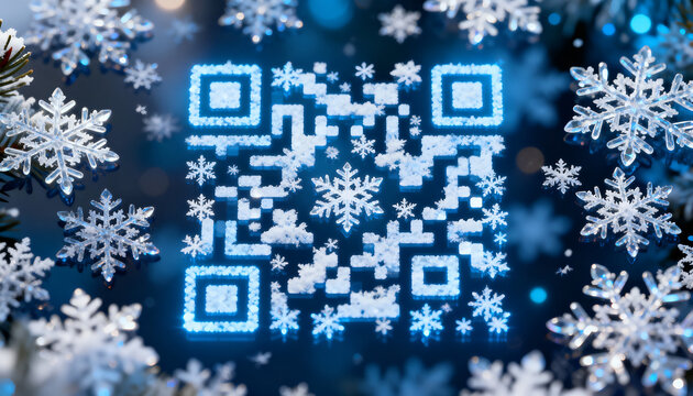 Snowflakes forming QR code pattern. Modern digital holiday aesthetic.