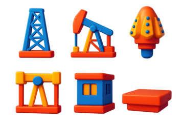 3D Oil Structures Icons. 3D icon set of oil derrick structures: tower frame, pumpjack, drill head, support beam, control cabin,