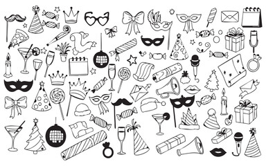 Hand drawn party elements doodle collection black white