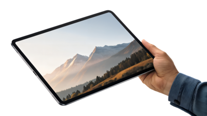 Hand holding a modern tablet displaying a mountain landscape showcasing technology and connectivity isolated on a white background