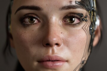 Close-up of a person's face with intricate electronic circuits embedded in the skin, combining human and artificial elements. Expression suggests curiosity or introspection