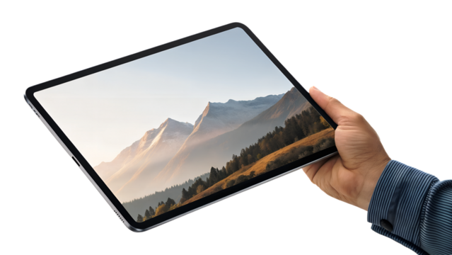 Hand holding a modern tablet displaying a mountain landscape showcasing technology and connectivity isolated on a white background