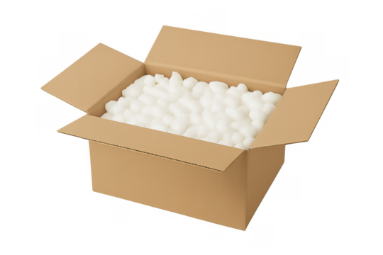 Open cardboard shipping box cushioning fragile goods with white foam packing peanuts, ready for delivery. Transparent background