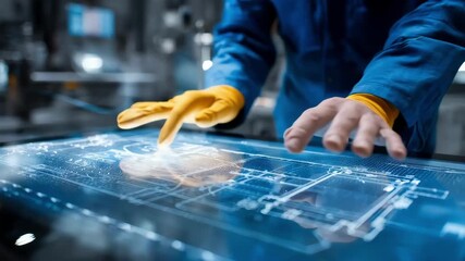 Engineer adjusting digital template on touch screen interface to customize cutting patterns demonstrating innovative technology in fabrication processes.