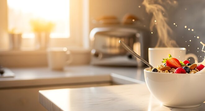 Start your day right with a healthy breakfast of granola, fresh berries, and milk in a sunlit kitchen, setting the tone for a productive day - Powered by Adobe