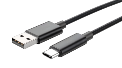 Black USB Type-A to USB Type-C cable a close-up shot for data transfer and charging isolated on white background