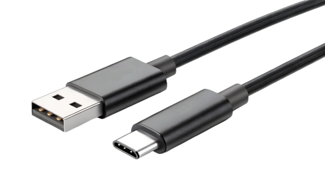 Black USB Type-A to USB Type-C cable a close-up shot for data transfer and charging isolated on white background