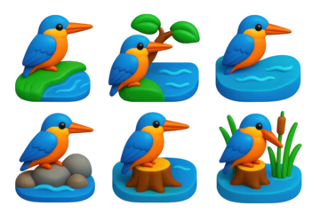 Kingfisher Habitat Icons. 3D icon set of kingfisher habitats: riverbank perch, overhanging branch, clear stream, rocky shore,