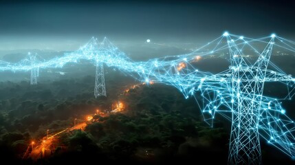 Power grid innovation high voltage transmission lines urban landscape digital visualization nighttime panorama futuristic concept