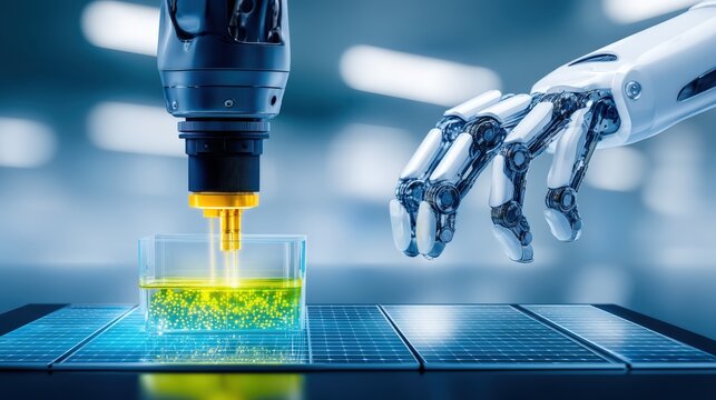 Robot arm manipulating chemical solution in advanced laboratory technological innovation science environment close-up view automation concept