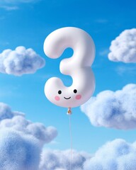 Whimsical cloud-set balloon with smiling number three on a clear blue sky