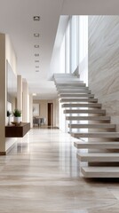 Modern interior with floating staircase in sunlit minimalist home