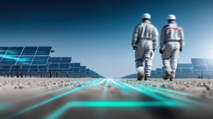 Innovative solar energy solutions implementation solar farm technology showcase desert environment ground perspective renewable energy concept