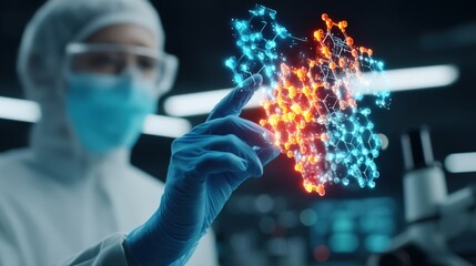 Innovative scientist conducts cutting-edge research on molecular structures in modern laboratory exploring genetic breakthroughs high-tech environment close-up view futuristic concept