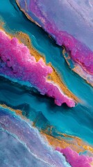 Vibrant abstract design with pink, blue, and gold accents in swirling patterns